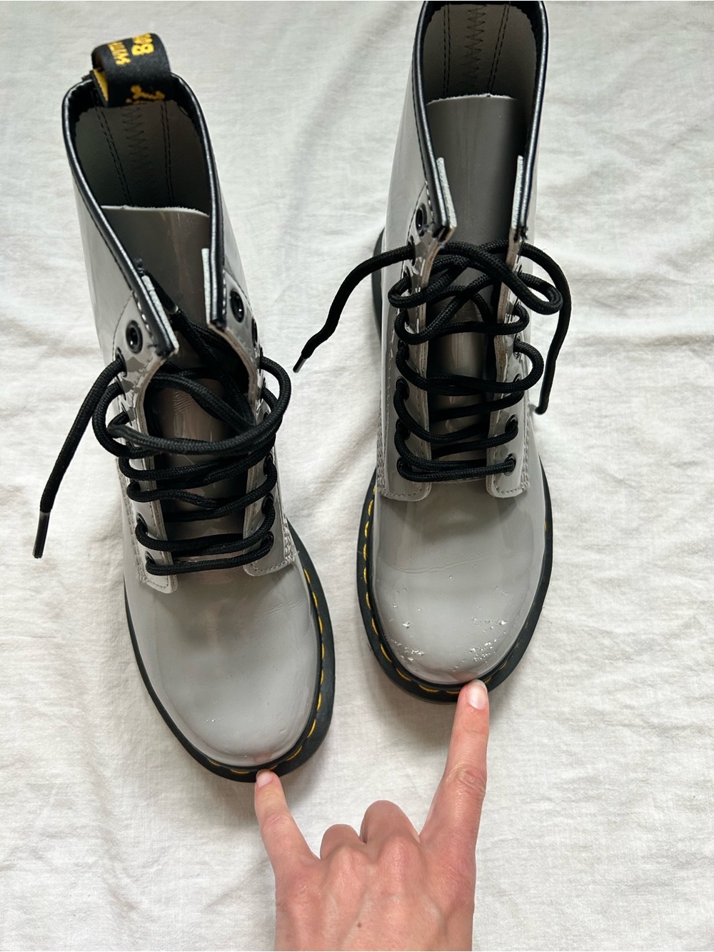 Dr. Martens Women's Glossy Light Gray Lace-Up Combat Boots - Picture 4 of 6